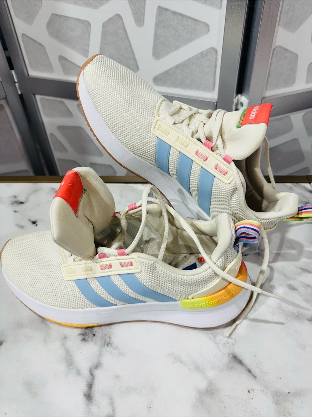 adidas Women’s Cream Sneakers with Light Blue Stripes and Rainbow Heel - Picture 2 of 9
